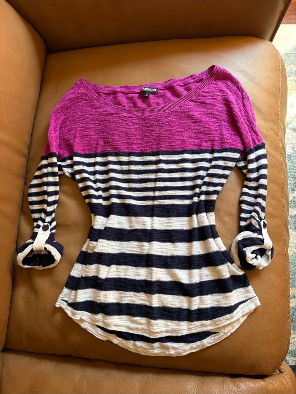 Express Pink Yoke Navy & White Striped Long Sleeve Top